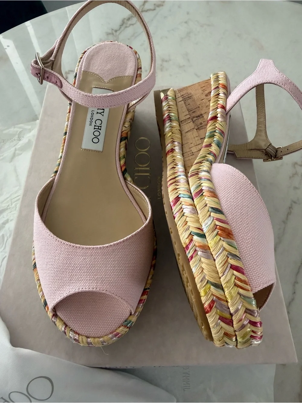 Jimmy Choo Perla 70 Pale Pink Espadrille Wedge Sandals